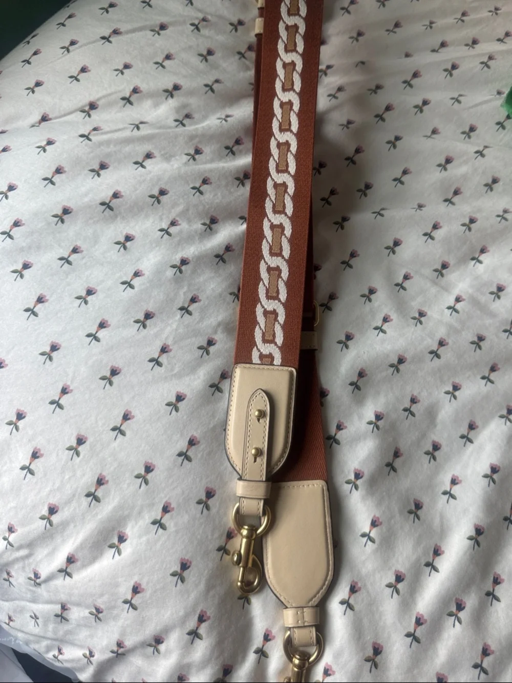 Coach Brown Handbag Strap with Cream Chain Motif and Gold Hardware
